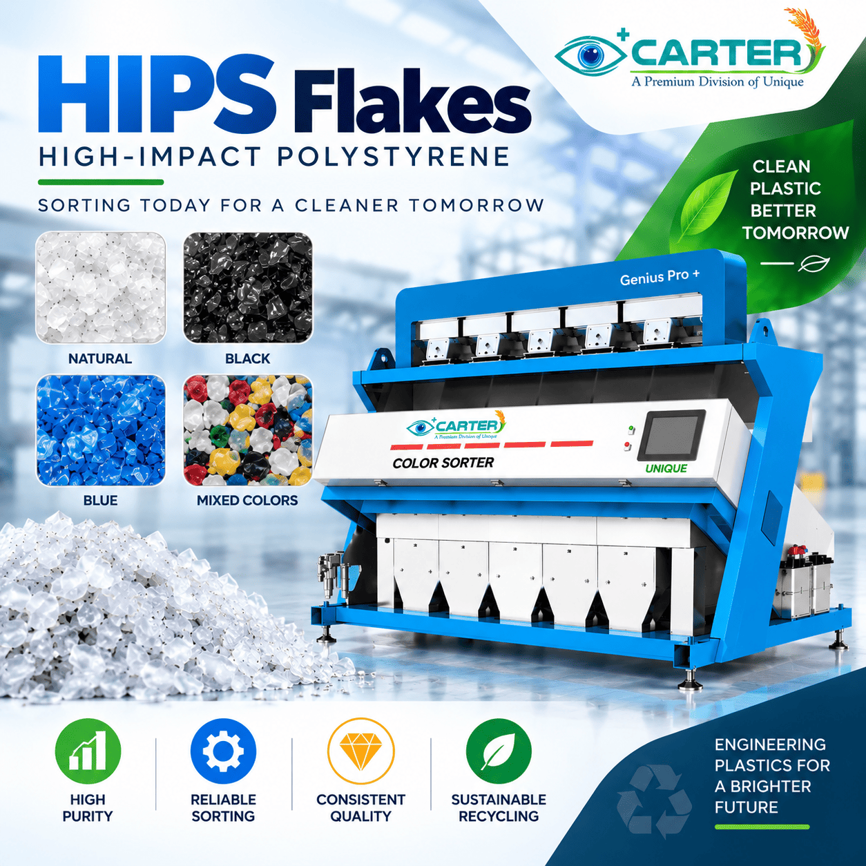 High-Impact Polystyrene (HIPS) Flakes: Recycling & Color Sorter Machine